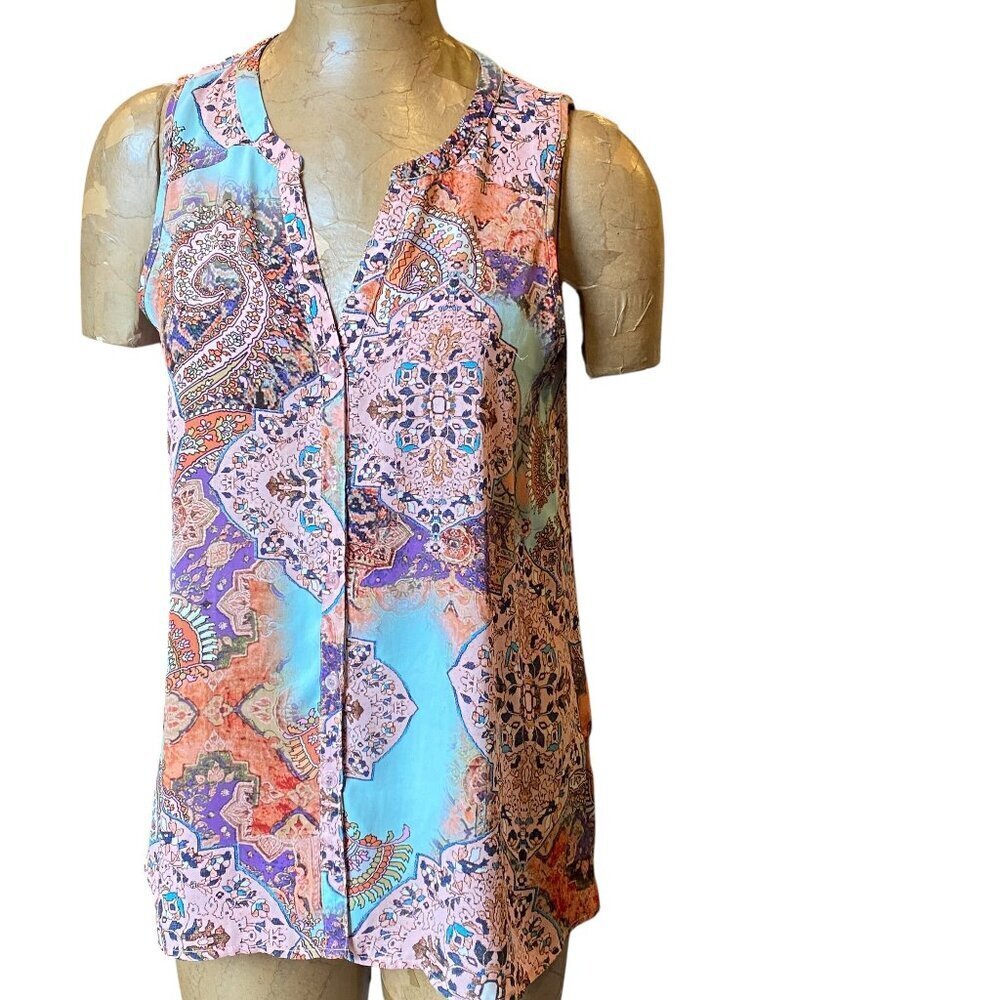 Spense Button Front Sleeveless Colorful Tunic Top S M #236J